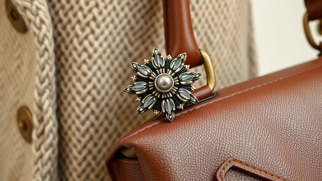 Close-up detail of quality wool fabric texture with vintage-style brooch and leather handbag, demonstrating 1940s accessories and material craftsmanship against neutral background