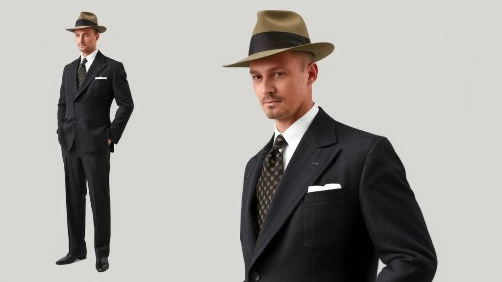 Man in perfectly tailored 1940s-style suit with fedora hat, demonstrating classic menswear proportions, shoulder construction, and refined tailoring details of the era