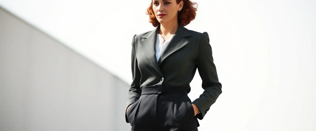 Woman wearing structured blazer with broad shoulders and high-waisted trousers, standing confidently in natural light, professional styling, 1940s silhouette reference
