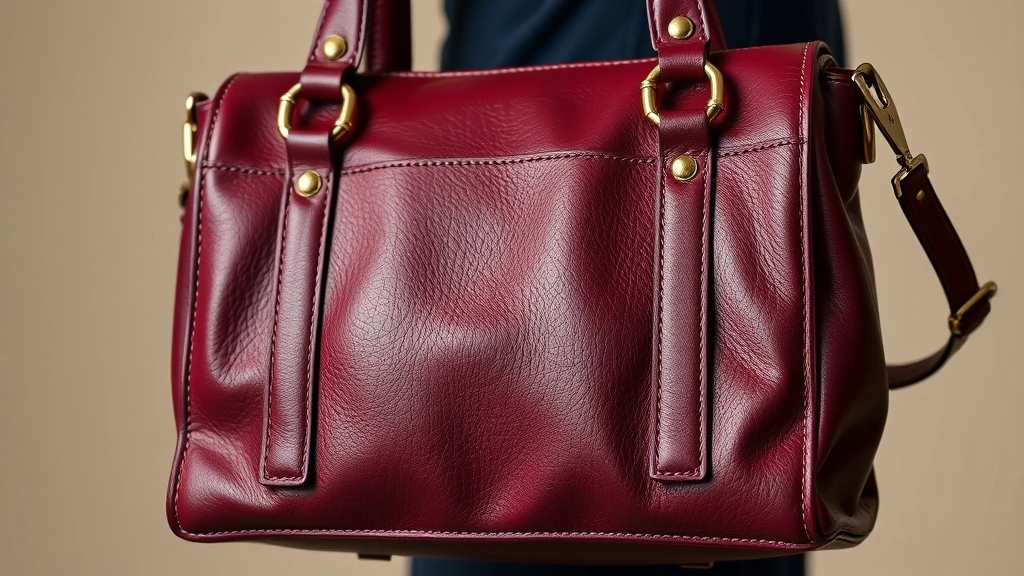 Close-up of vintage-inspired leather handbag with geometric hardware, structured design, rich burgundy color, professional photography with neutral background