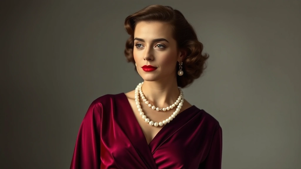 Woman in jewel-tone wrap dress with nipped waist, elegant draping, pearl accessories, classic 1940s aesthetic, soft studio lighting, sophisticated styling