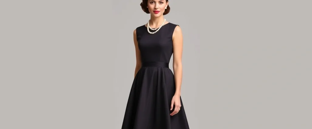 Professional fashion photograph of a woman wearing a classic 1950s dress with full skirt, fitted bodice, and pearl necklace, standing elegantly against a neutral background, showcasing the iconic hourglass silhouette of the era