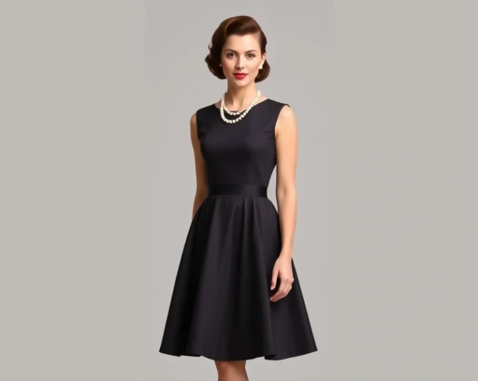 Professional fashion photograph of a woman wearing a classic 1950s dress with full skirt, fitted bodice, and pearl necklace, standing elegantly against a neutral background, showcasing the iconic hourglass silhouette of the era