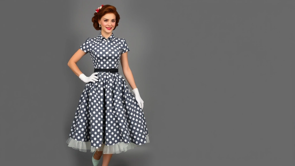 Vintage-inspired fashion shot featuring a woman in a polka dot 1950s dress with petticoat, saddle shoes, and white gloves, demonstrating authentic period styling and accessories with perfect grooming