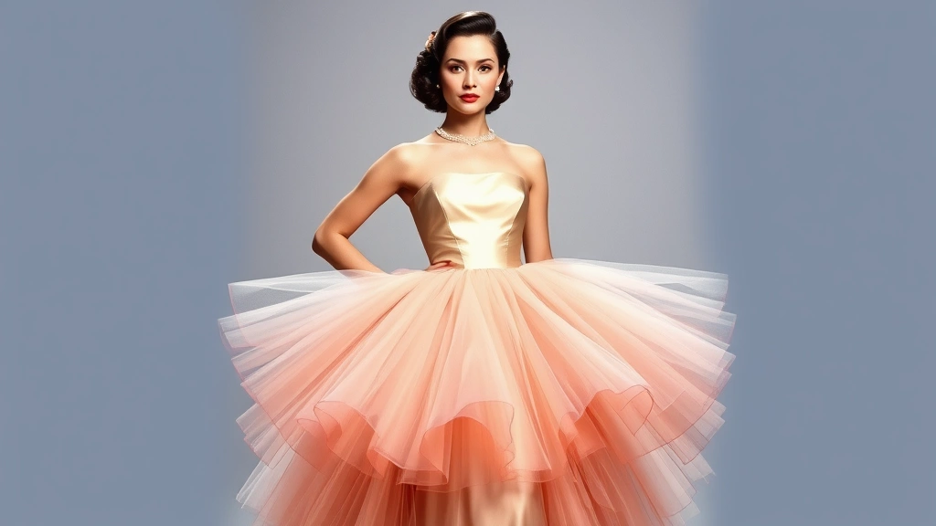 Glamorous evening wear photograph showing a woman in a formal 1950s gown with strapless bodice, voluminous tulle skirt, and dramatic styling, representing the sophisticated formal fashion of the decade