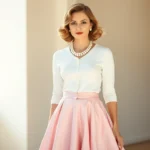 Woman wearing pastel pink full circle skirt with fitted white cardigan and pearl necklace, standing in bright natural light with vintage-inspired hair waves, professional fashion photography, 1950s aesthetic modern interpretation