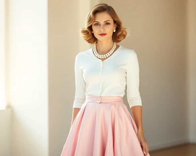 Woman wearing pastel pink full circle skirt with fitted white cardigan and pearl necklace, standing in bright natural light with vintage-inspired hair waves, professional fashion photography, 1950s aesthetic modern interpretation