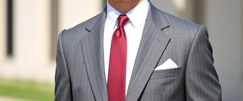 Well-dressed man wearing classic charcoal gray tailored suit with crisp white dress shirt and burgundy tie, standing confidently in natural lighting, exemplifying 1950s menswear sophistication and proper tailoring