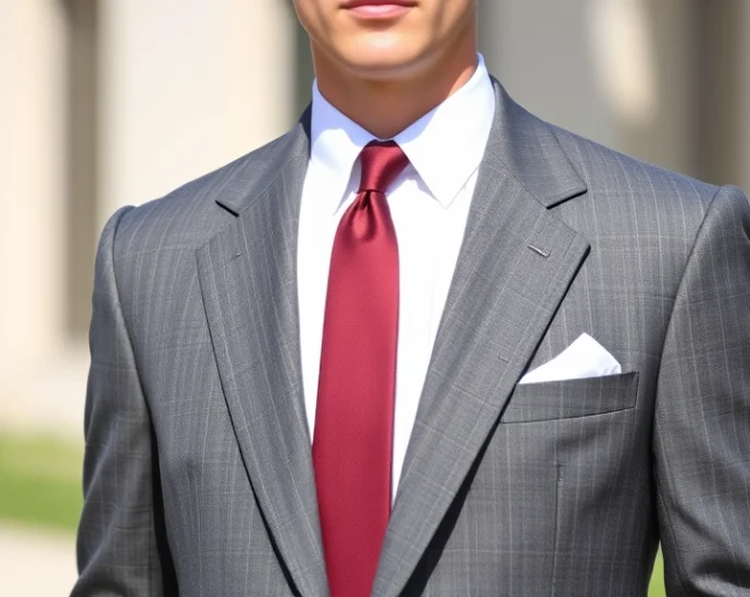 Well-dressed man wearing classic charcoal gray tailored suit with crisp white dress shirt and burgundy tie, standing confidently in natural lighting, exemplifying 1950s menswear sophistication and proper tailoring
