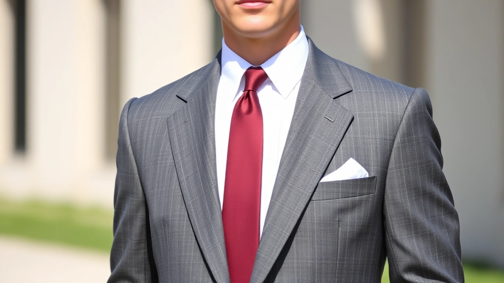 Well-dressed man wearing classic charcoal gray tailored suit with crisp white dress shirt and burgundy tie, standing confidently in natural lighting, exemplifying 1950s menswear sophistication and proper tailoring