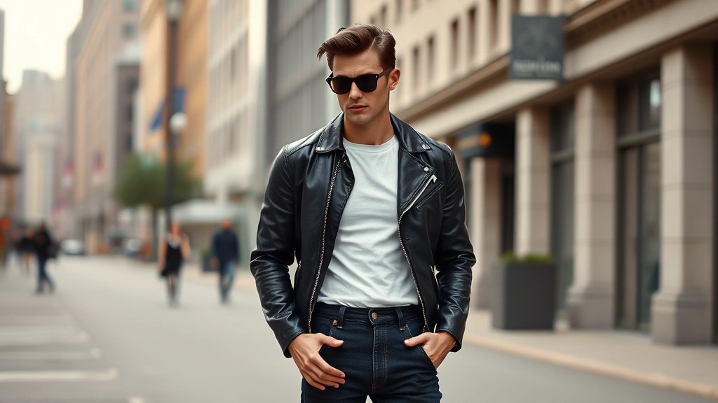 Vintage-styled man in black leather jacket over white t-shirt and high-waisted dark jeans, standing in urban setting with classic 1950s grooming and James Dean-inspired rebellious aesthetic