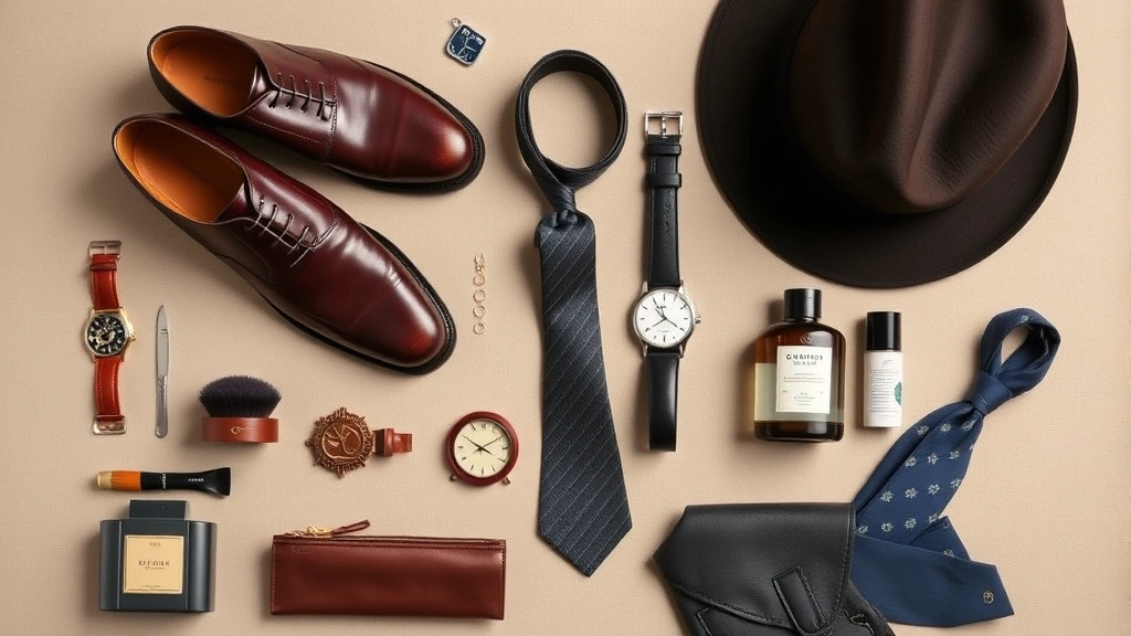 Overhead flat lay of 1950s menswear essentials including polished oxford shoes, leather belt, pocket watch, fedora hat, silk tie, and grooming products arranged on neutral background