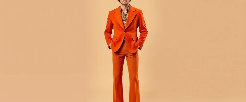 Man wearing vintage 1970s wide-lapel blazer in burnt orange with matching flared trousers and platform shoes, standing confidently against neutral background, warm studio lighting emphasizing fabric texture and fit