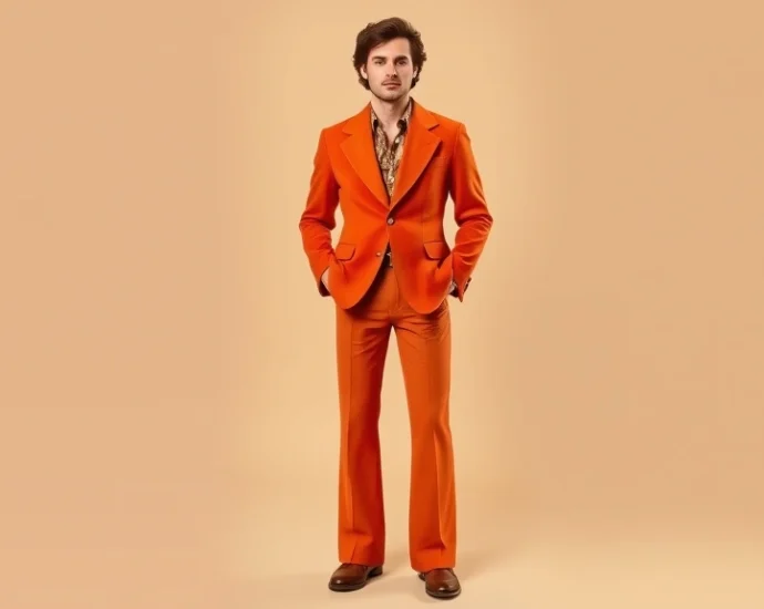 Man wearing vintage 1970s wide-lapel blazer in burnt orange with matching flared trousers and platform shoes, standing confidently against neutral background, warm studio lighting emphasizing fabric texture and fit