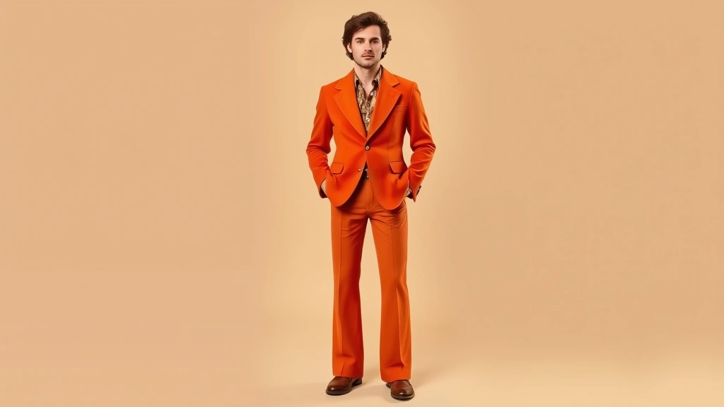 Man wearing vintage 1970s wide-lapel blazer in burnt orange with matching flared trousers and platform shoes, standing confidently against neutral background, warm studio lighting emphasizing fabric texture and fit