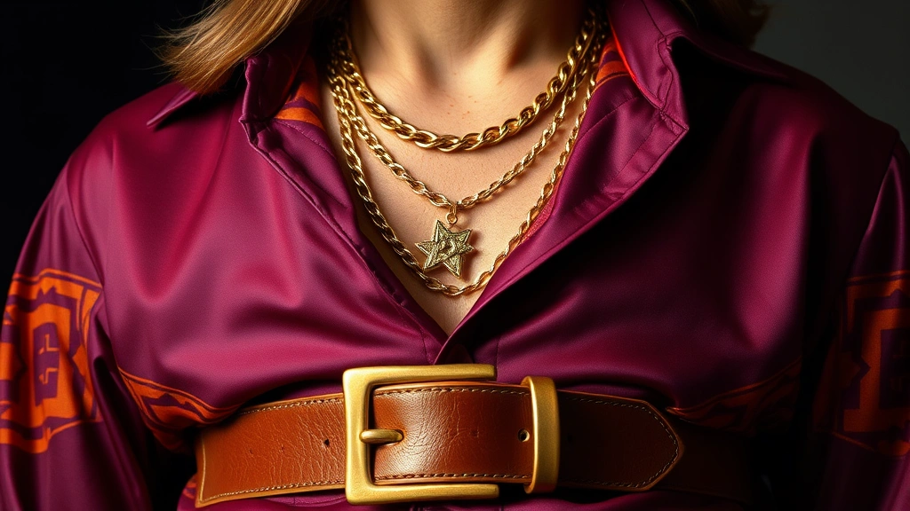 Close-up of 1970s fashion details: rich jewel-tone polyester shirt with geometric pattern, wide leather belt with statement buckle, layered gold chains, and styled chest hair visible, professional photography lighting