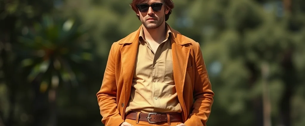 Man wearing wide-collar earth-tone shirt with bell-bottom cognac trousers and suede jacket, standing confidently in natural lighting, embodying 1970s menswear aesthetic with modern grooming and contemporary styling