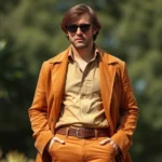 Man wearing wide-collar earth-tone shirt with bell-bottom cognac trousers and suede jacket, standing confidently in natural lighting, embodying 1970s menswear aesthetic with modern grooming and contemporary styling