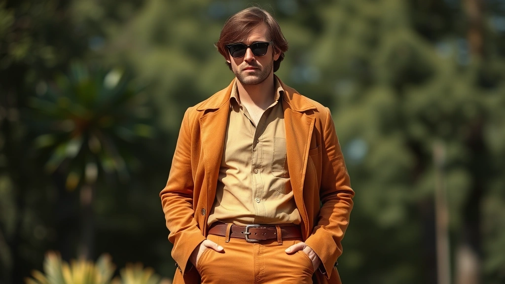 Man wearing wide-collar earth-tone shirt with bell-bottom cognac trousers and suede jacket, standing confidently in natural lighting, embodying 1970s menswear aesthetic with modern grooming and contemporary styling