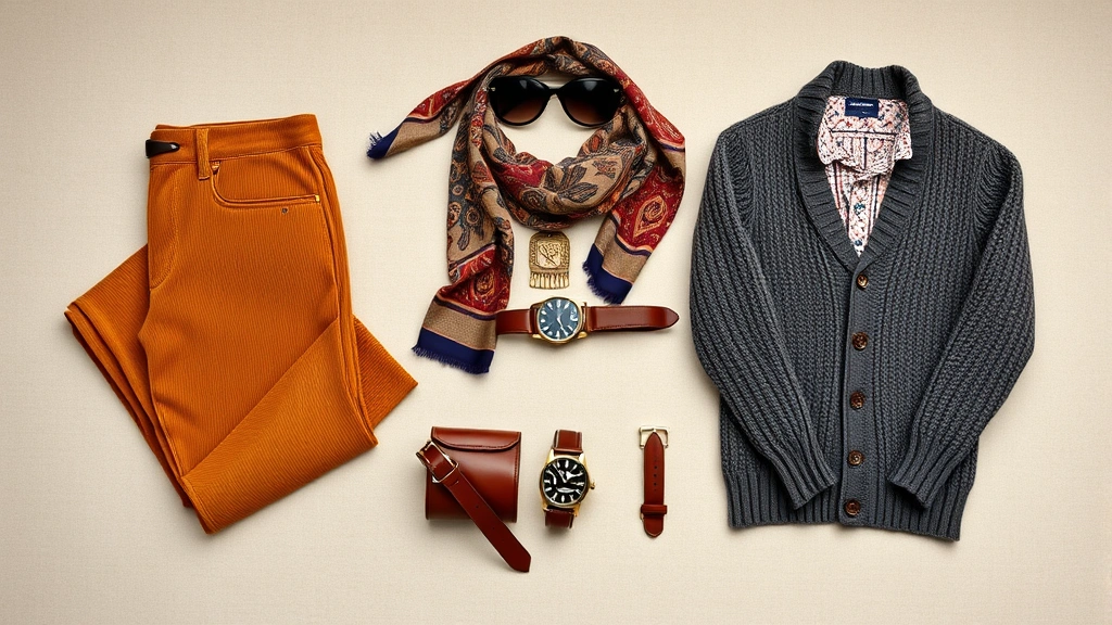 Flat lay arrangement of seventies menswear essentials: camel corduroy trousers, patterned silk scarf, chocolate brown leather belt, chunky knit cardigan, oversized sunglasses, and vintage watch on neutral background