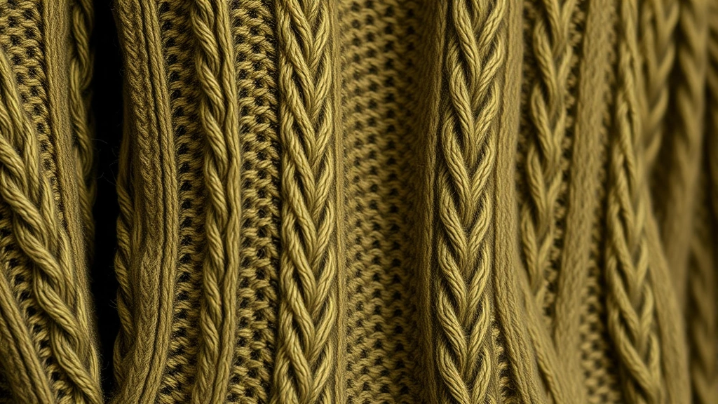 Close-up detail of textured knitwear showing cable-knit pattern in olive green, draped naturally to showcase seventies-inspired fashion texture and warmth, professional fashion photography lighting