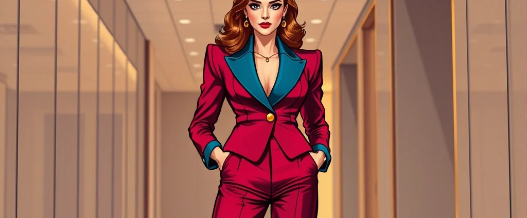 Fashion illustration of 1980s power suit with exaggerated shoulder pads, woman in bold jewel-tone blazer, high-waisted trousers, gold accessories, confident pose, professional corporate setting, dramatic lighting