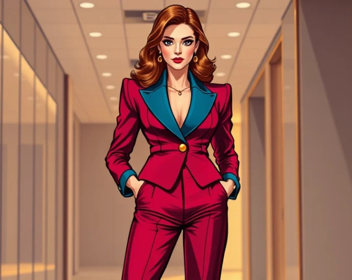 Fashion illustration of 1980s power suit with exaggerated shoulder pads, woman in bold jewel-tone blazer, high-waisted trousers, gold accessories, confident pose, professional corporate setting, dramatic lighting