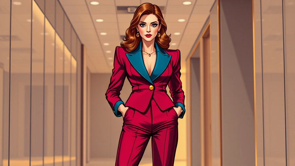 Fashion illustration of 1980s power suit with exaggerated shoulder pads, woman in bold jewel-tone blazer, high-waisted trousers, gold accessories, confident pose, professional corporate setting, dramatic lighting