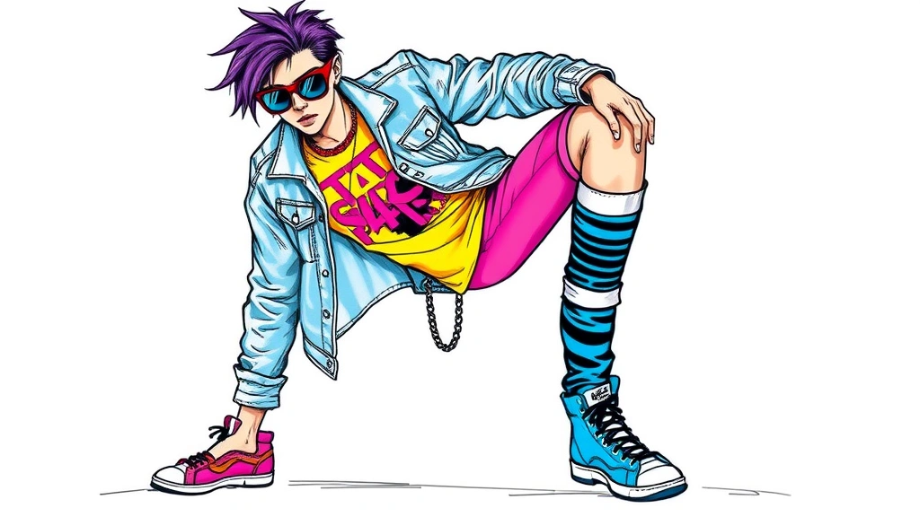 1980s street style fashion sketch featuring acid-washed denim jacket, neon graphic t-shirt, leg warmers, oversized sunglasses, multiple layered chains, high-top sneakers, dynamic movement pose, vibrant color palette