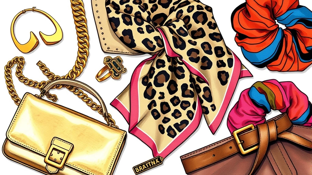Detailed 1980s fashion illustration flat lay showing bold accessories: chunky gold chains, geometric hoop earrings, statement rings, metallic handbag, silk scarf with animal print, structured leather belt, colorful scrunchies