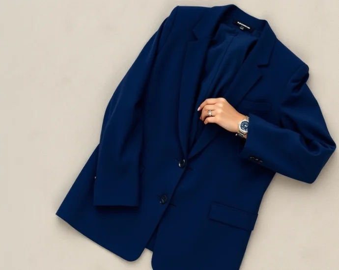 Overhead flat lay of oversized blazer with bold jewel tone fabric, chunky watch, and statement ring on neutral background, contemporary styling aesthetic, photorealistic