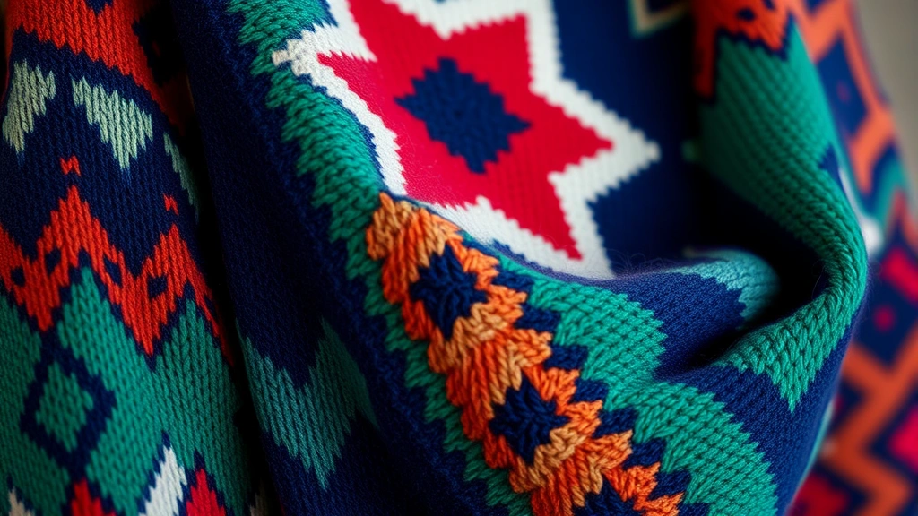 Close-up detail shot of colorful vintage-inspired knitwear with geometric pattern, textured knit fabric, rich sapphire and emerald tones, draped styling, professional fashion photography