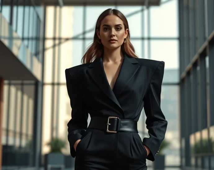 Professional woman wearing oversized black power suit with dramatic shoulder pads, black leather belt with large buckle, standing confidently in modern office environment with floor-to-ceiling windows, morning light creating sharp shadows, editorial fashion photography style, sophisticated and authoritative atmosphere
