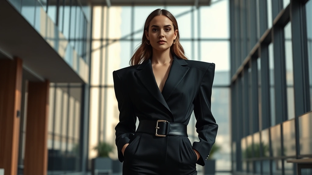 Professional woman wearing oversized black power suit with dramatic shoulder pads, black leather belt with large buckle, standing confidently in modern office environment with floor-to-ceiling windows, morning light creating sharp shadows, editorial fashion photography style, sophisticated and authoritative atmosphere