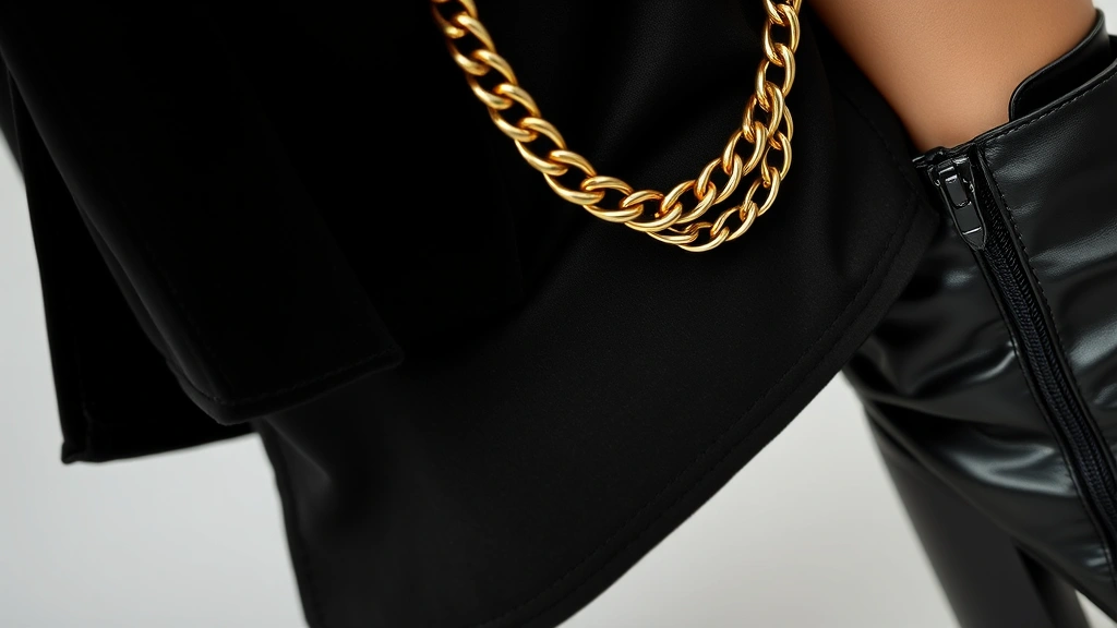 Close-up fashion detail shot of 1980s black outfit styling—black velvet texture meeting black leather, chunky gold chain jewelry on black fabric, black boots with geometric heel, minimalist composition highlighting texture and material contrast, studio lighting emphasizing fabric depth and richness
