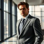 A man wearing a perfectly tailored 1980s power suit with dramatically oversized shoulders in charcoal gray, standing confidently in a contemporary office setting with floor-to-ceiling windows, afternoon sunlight illuminating the fabric's texture and shoulder construction, photorealistic studio photography style