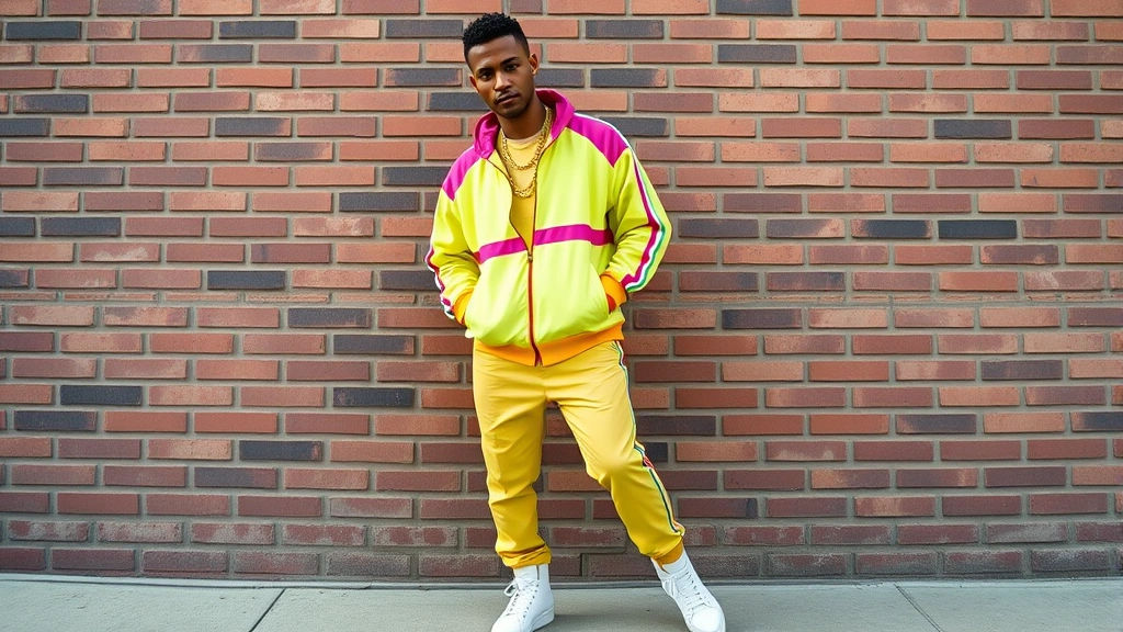 A stylish man in a vibrant neon-accented tracksuit with contrasting color-blocked jacket and matching tapered trousers, paired with high-top white leather sneakers and chunky gold chain necklace, posing casually against an urban brick wall backdrop, natural daylight highlighting the synthetic fabric's sheen