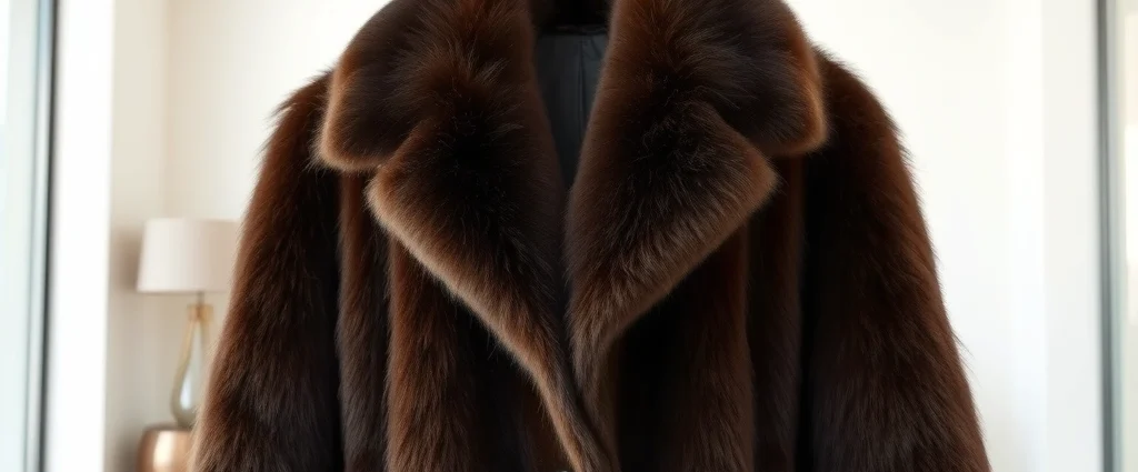 Luxurious vintage oversized fur coat in rich chocolate brown, photographed against minimalist modern interior with clean lines and neutral tones, showing texture detail and craftsmanship