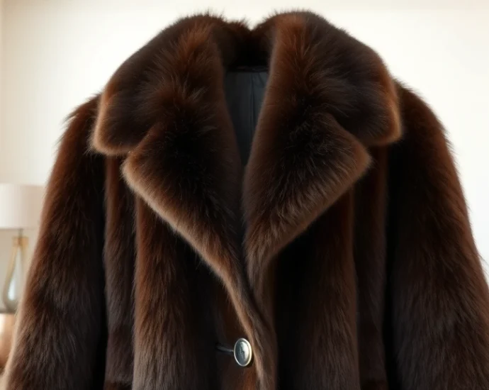 Luxurious vintage oversized fur coat in rich chocolate brown, photographed against minimalist modern interior with clean lines and neutral tones, showing texture detail and craftsmanship