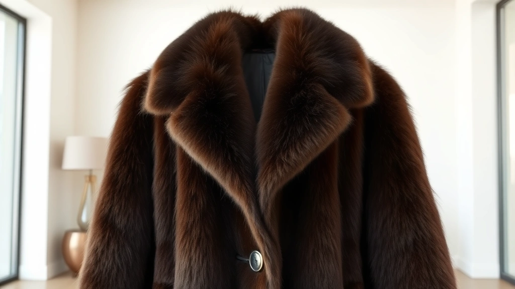Luxurious vintage oversized fur coat in rich chocolate brown, photographed against minimalist modern interior with clean lines and neutral tones, showing texture detail and craftsmanship