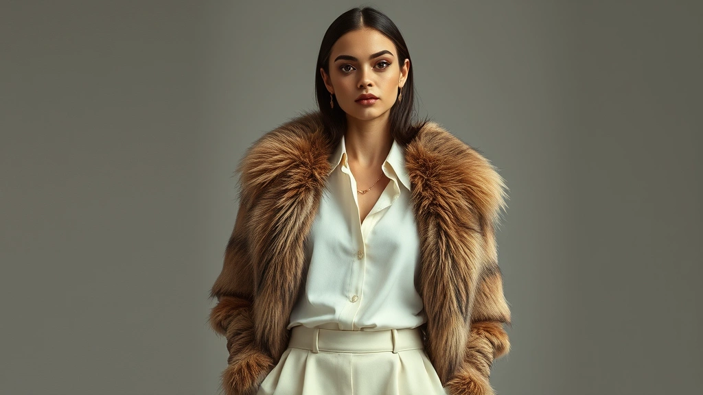 Modern luxury fashion model wearing statement vintage fur piece styled with current minimalist wardrobe pieces, showcasing intentional retro-contemporary contrast aesthetic
