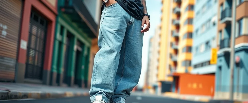 Young person wearing oversized baggy jeans, white sneakers, and graphic t-shirt with chunky silver chains, standing on urban street with colorful buildings, confident pose