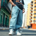 Young person wearing oversized baggy jeans, white sneakers, and graphic t-shirt with chunky silver chains, standing on urban street with colorful buildings, confident pose