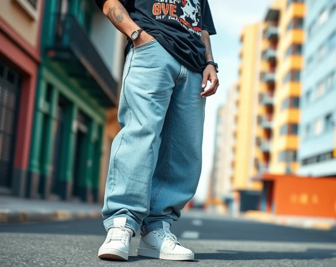 Young person wearing oversized baggy jeans, white sneakers, and graphic t-shirt with chunky silver chains, standing on urban street with colorful buildings, confident pose
