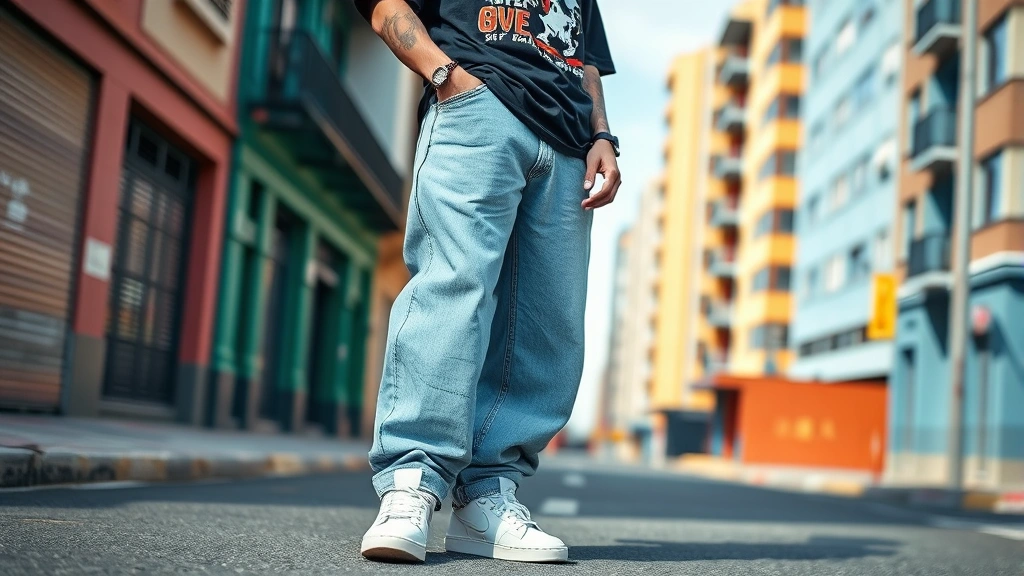 Young person wearing oversized baggy jeans, white sneakers, and graphic t-shirt with chunky silver chains, standing on urban street with colorful buildings, confident pose