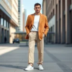 Modern man wearing oversized camel blazer with wide-leg neutral trousers and white minimalist sneakers, standing confidently in contemporary urban setting, natural daylight, relaxed yet polished aesthetic