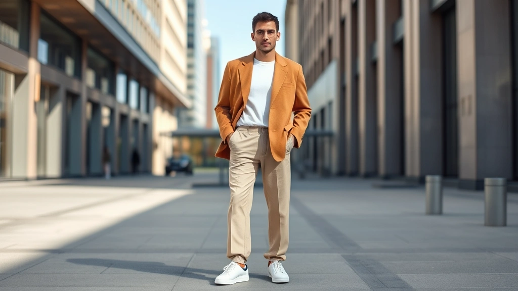 Modern man wearing oversized camel blazer with wide-leg neutral trousers and white minimalist sneakers, standing confidently in contemporary urban setting, natural daylight, relaxed yet polished aesthetic