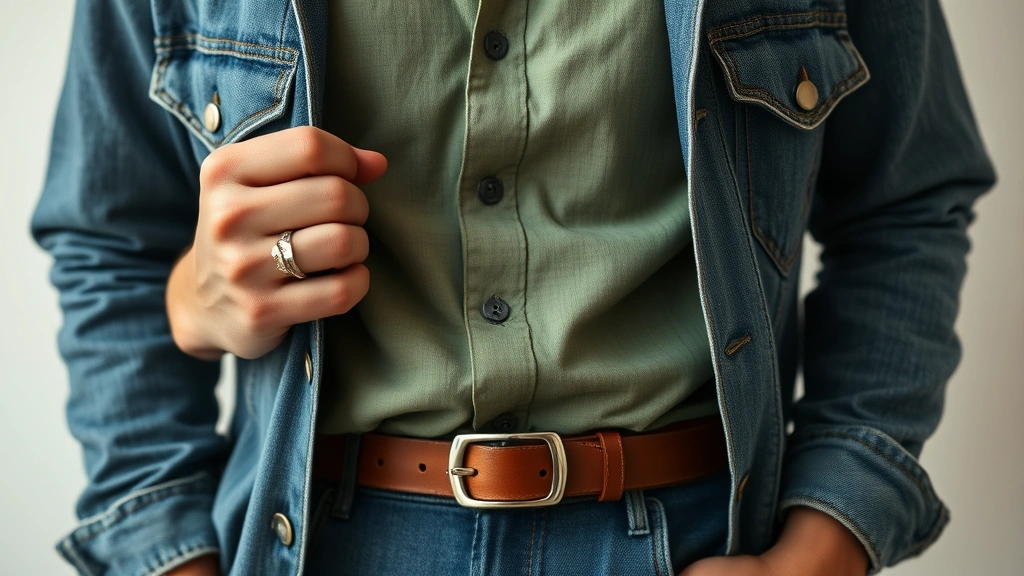 Close-up of fashion-forward male model in rich sage green linen shirt layered with vintage denim jacket, wearing statement leather belt and chunky silver ring, hands in pockets, sophisticated styling detail focus