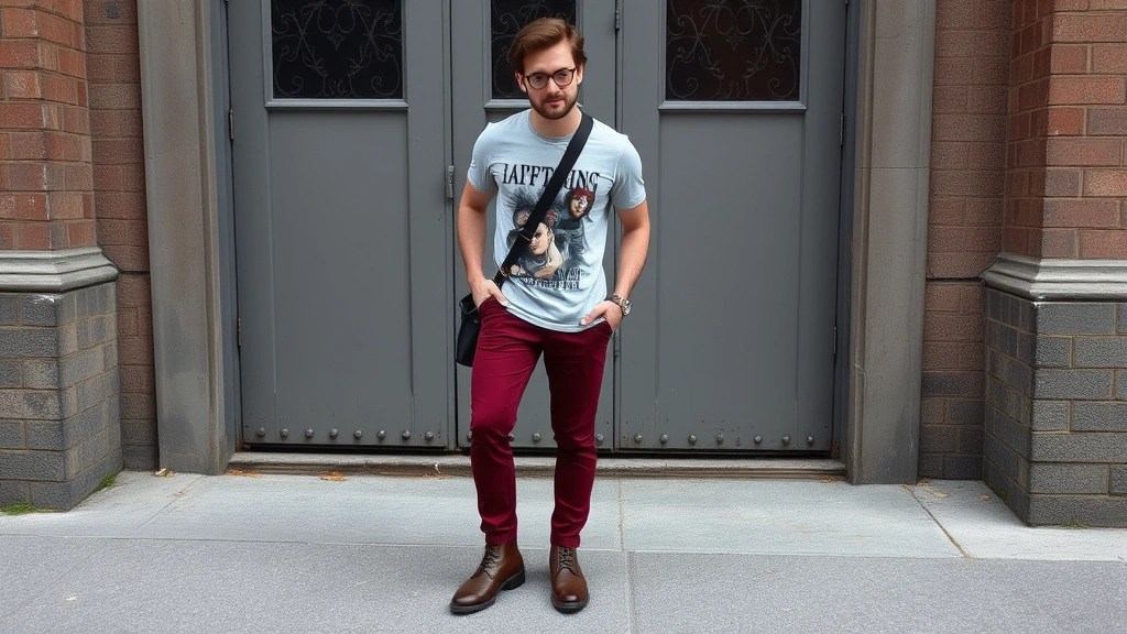 Stylish man in thrifted vintage band tee paired with tailored burgundy trousers and premium leather Chelsea boots, accessorized with crossbody bag and contemporary watch, curated eclectic wardrobe aesthetic