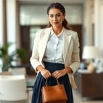 Woman wearing cream tailored blazer over white button-down shirt, navy pleated midi skirt, pearl necklace, velvet headband, holding structured leather handbag, standing in elegant office setting with natural lighting